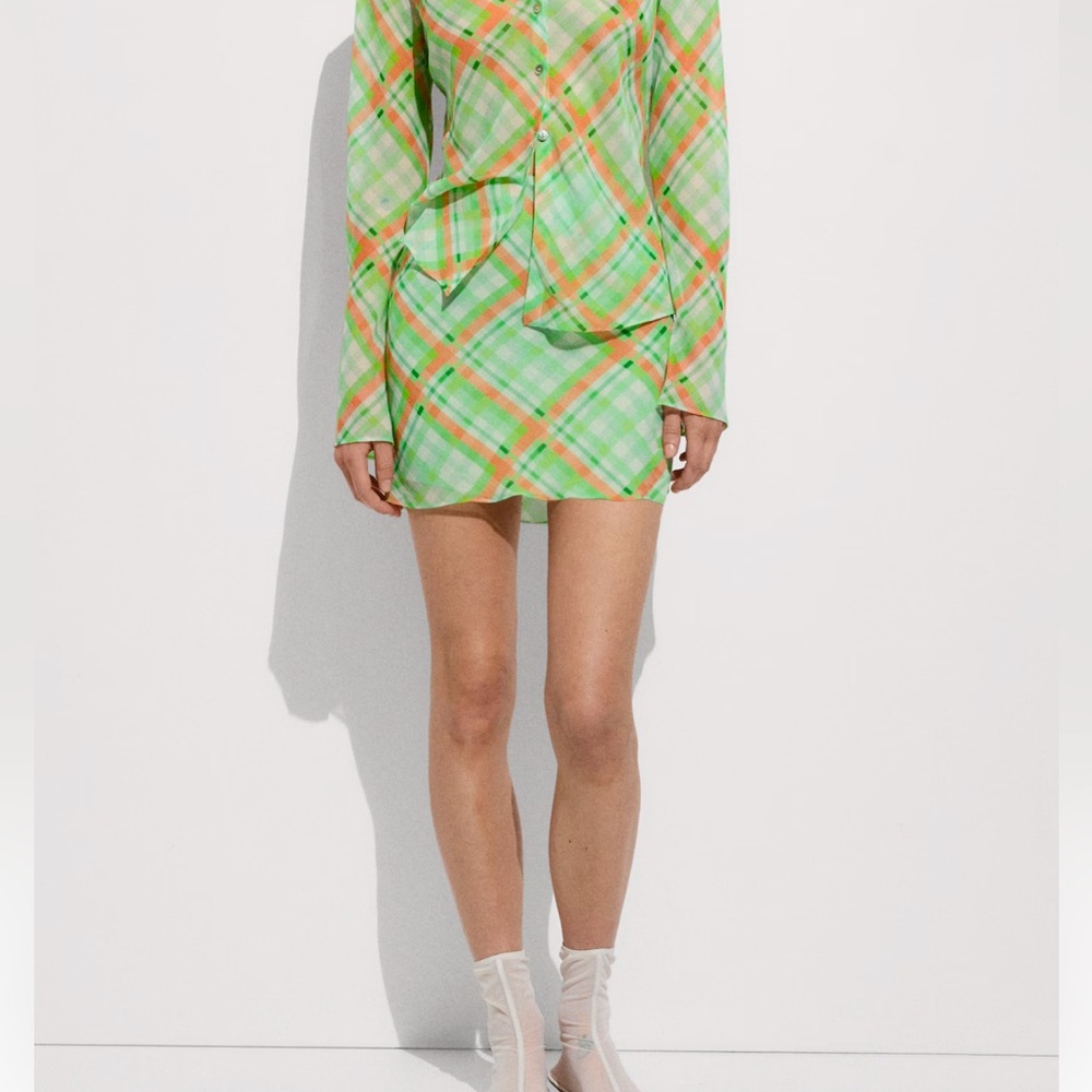 Mango Plaid Bright Green Mini Skirt